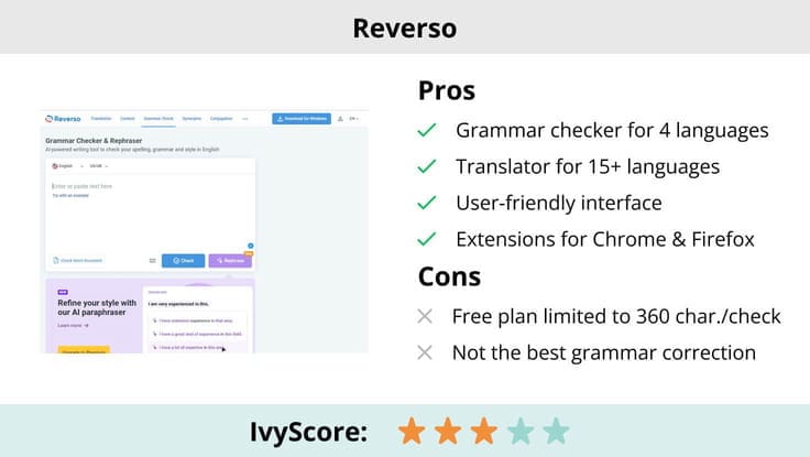 This image shows the pros and cons of Reverso grammar checker.