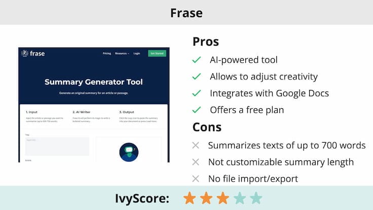 This image shows the pros and cons of Frase summary generator.