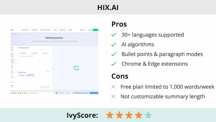 This image shows the pros and cons of HIX.AI summarizer.