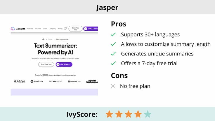 This image shows the pros and cons of Jasper text summarizer.