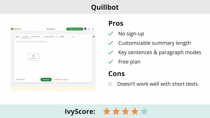 This image shows the pros and cons of Quillbot Summarizer.