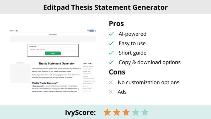 This image shows the pros and cons of Editpad thesis statement generator.