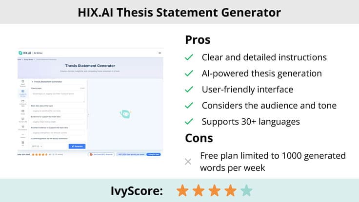 This image shows the pros and cons of HIX.AI thesis statement generator.