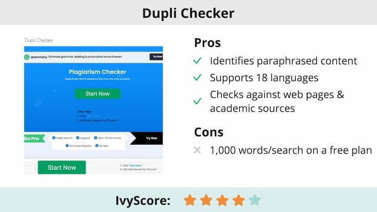 This image shows the pros & cons ofDuplil Checker plagiarism detector.