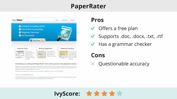 This image shows the pros and cons of PaperRater plagiarism detector.