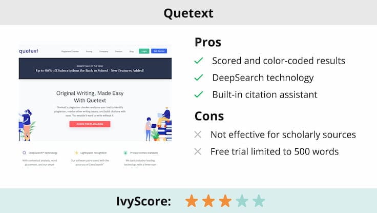 This image shows the pros and cons of Quetext plagiarism checker.