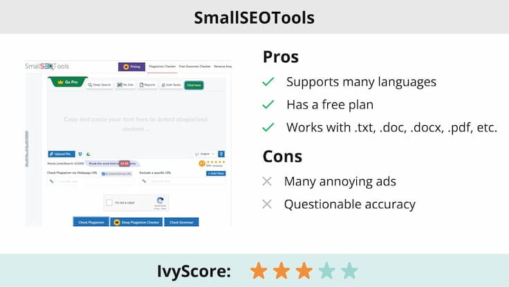 This image shows the pros and cons of SmallSEOTools plagiarism checker.