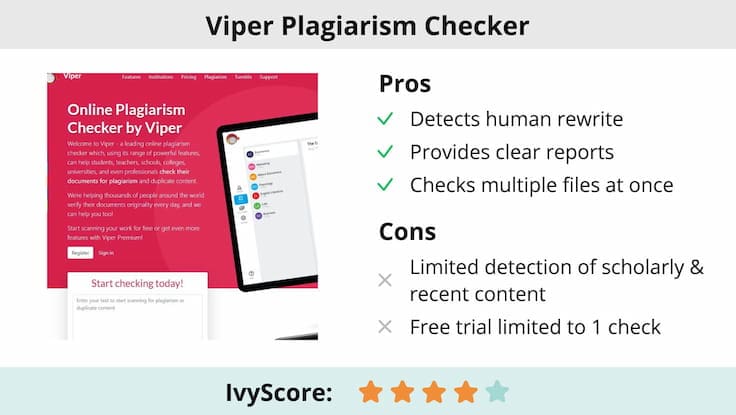 This image shows the pros and cons of Viper Plagiarism Checker.