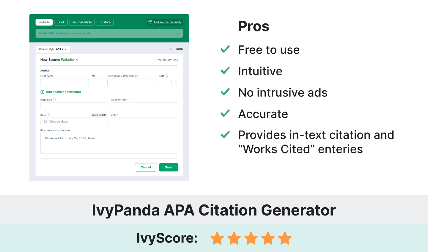 The picture illustrates the key features of the APA citation generator by IvyPanda.