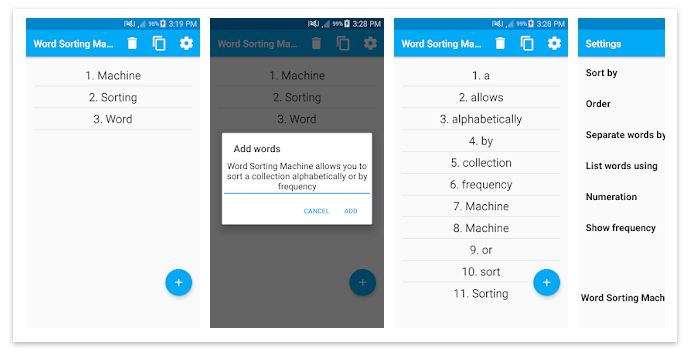Word Sorting Machine app to sort text by word frequency, alphabet, and word length.