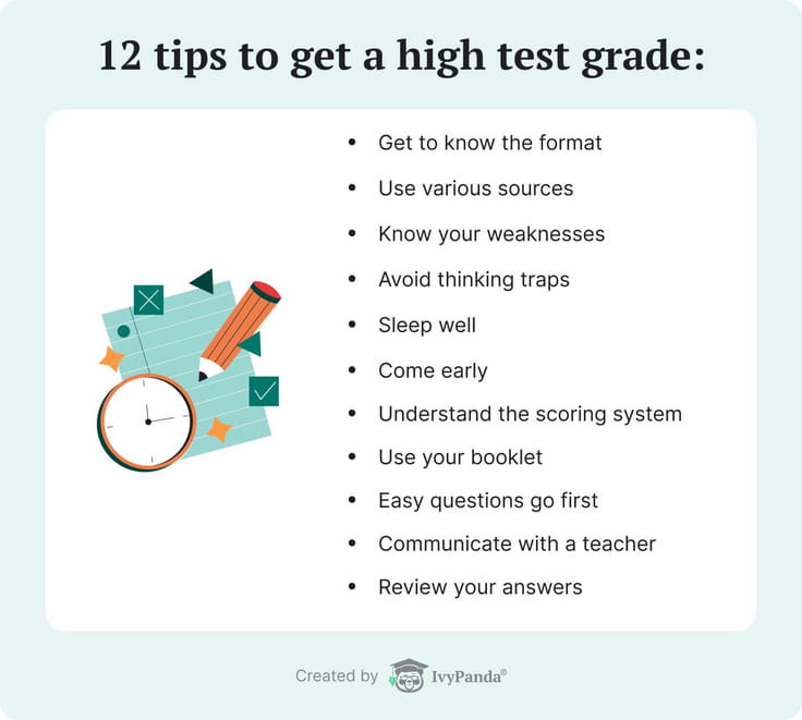 The picture lists 12 tips that will help you to get a high test grade.