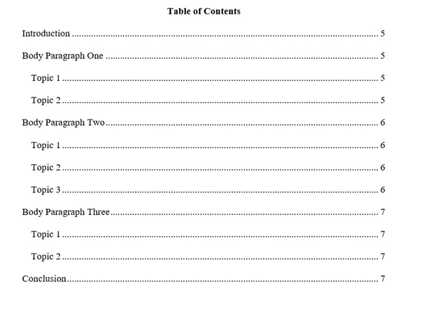 Sample of a table of contents in Chicago style paper.