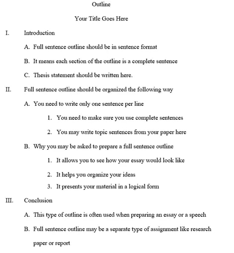 Example of full sentence outline for MLA paper.