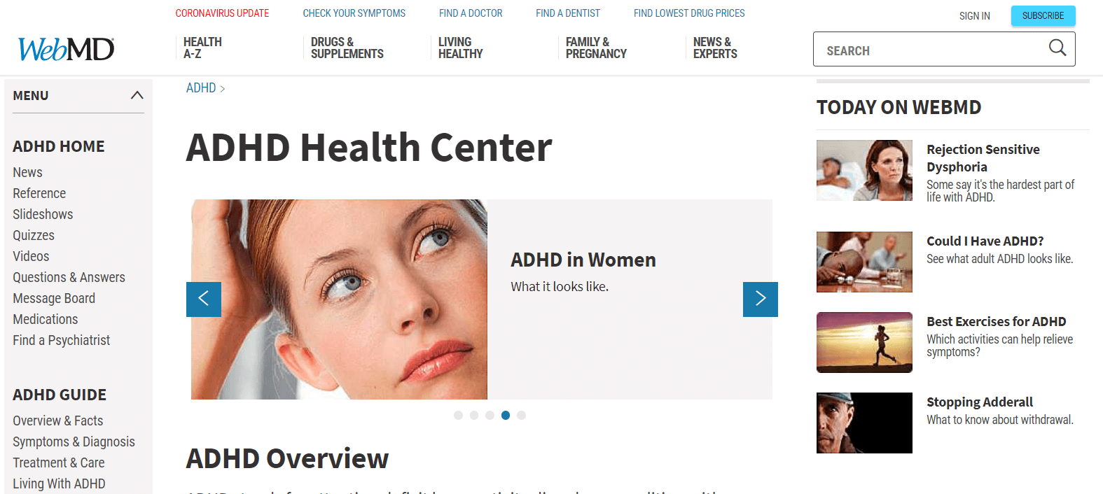 ADHD health center website screenshot.