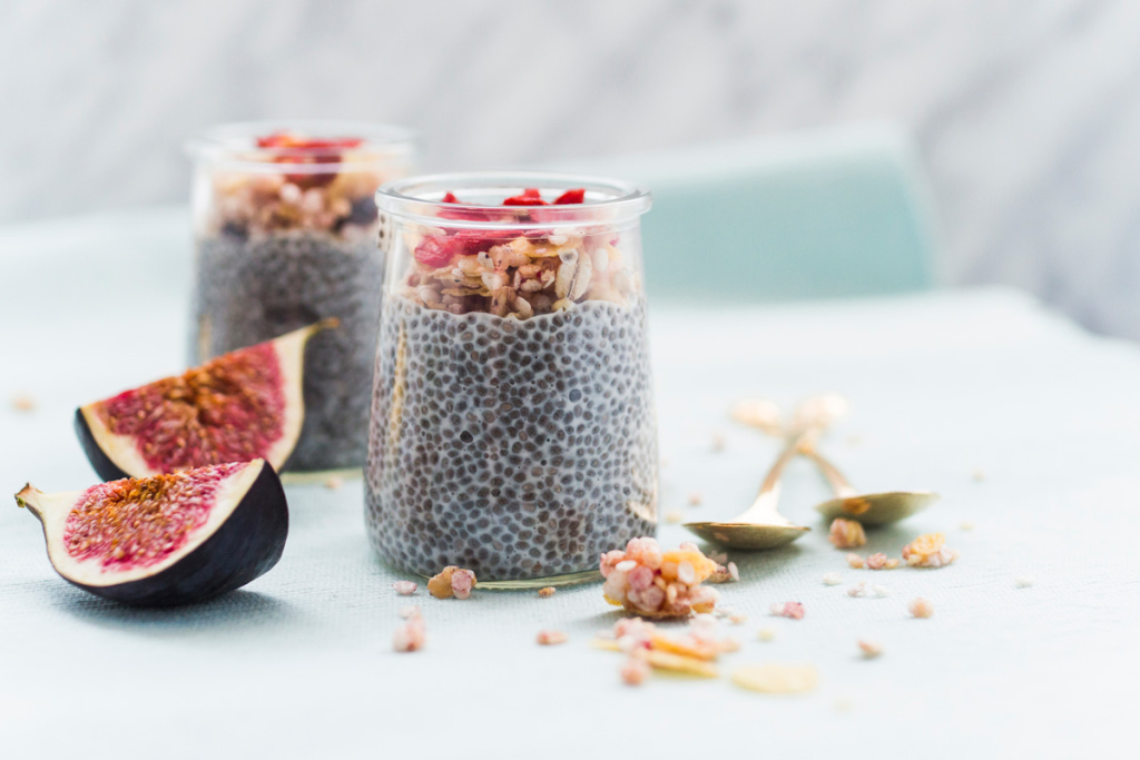 A chia pudding loaded with fiber, protein, calcium, Omega-3s and antioxidants.
