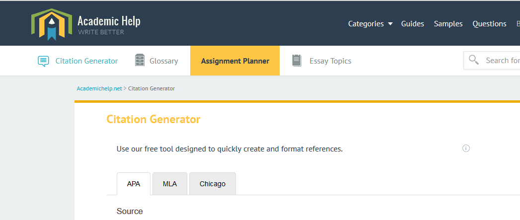 AcademicHelp.net Citation Generator Website Screenshot.