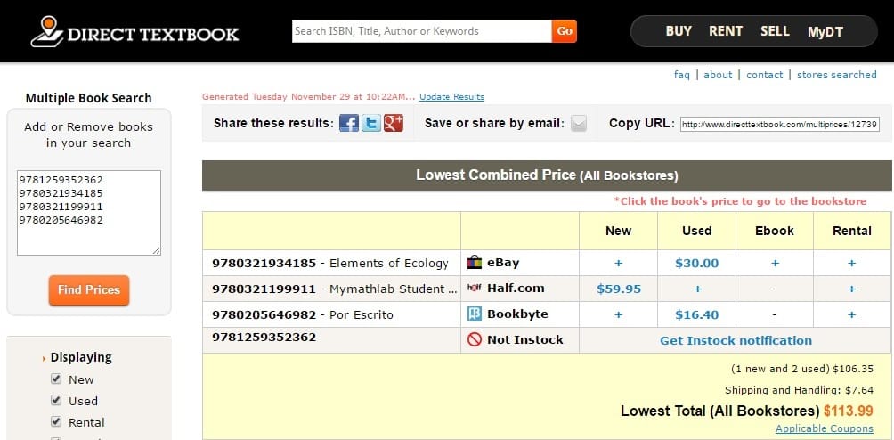 Direct Textbook - Multi-price Search Textbooks.