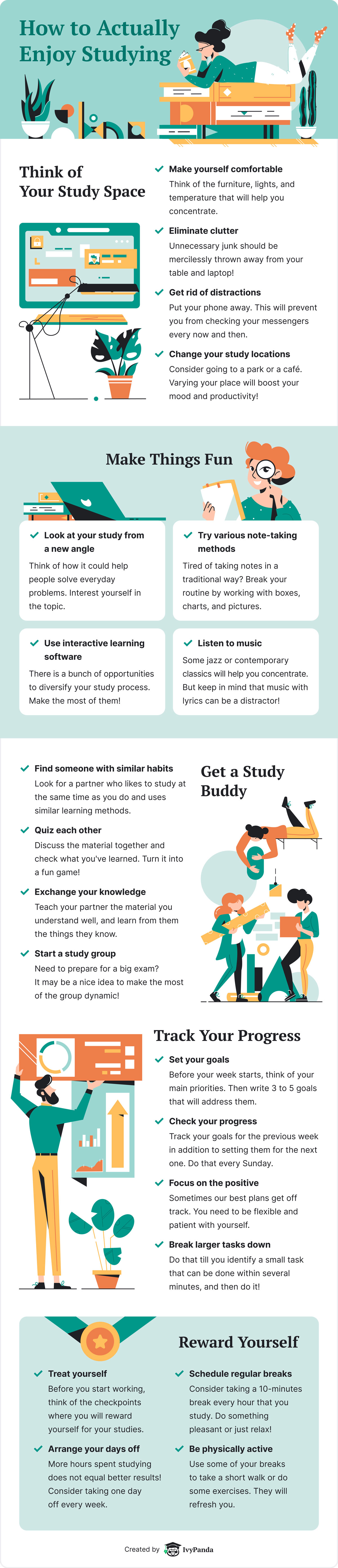 Tired of your study routine❓ Lack motivation❓ Here you’ll find great tips on how to add variety to the learning process and actually 🤓 enjoy your studying!
