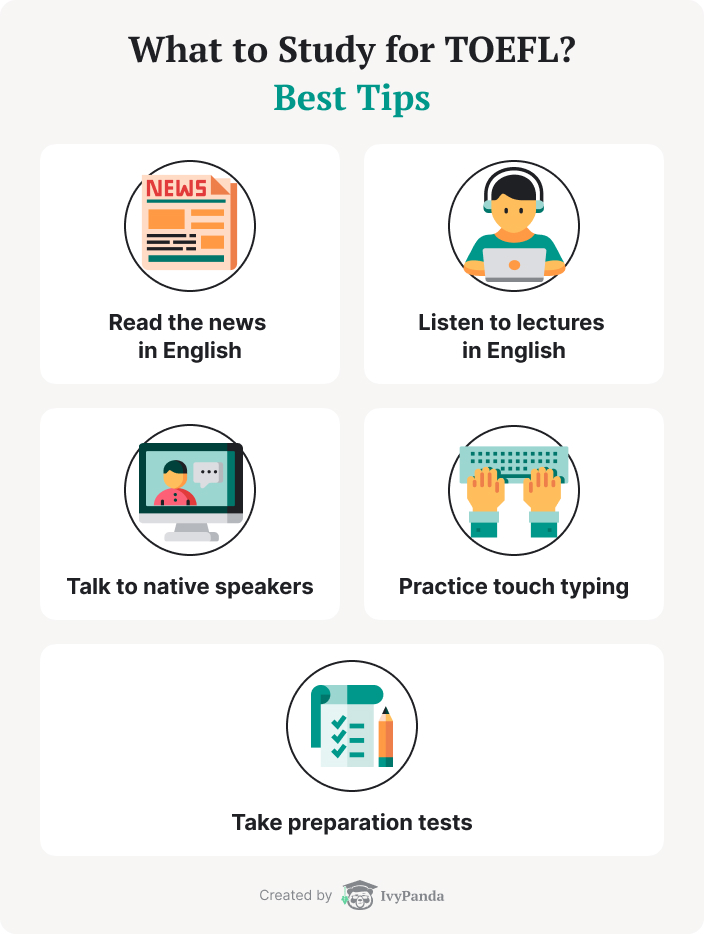 The picture contains the best activities that will help you prepare for TOEFL.