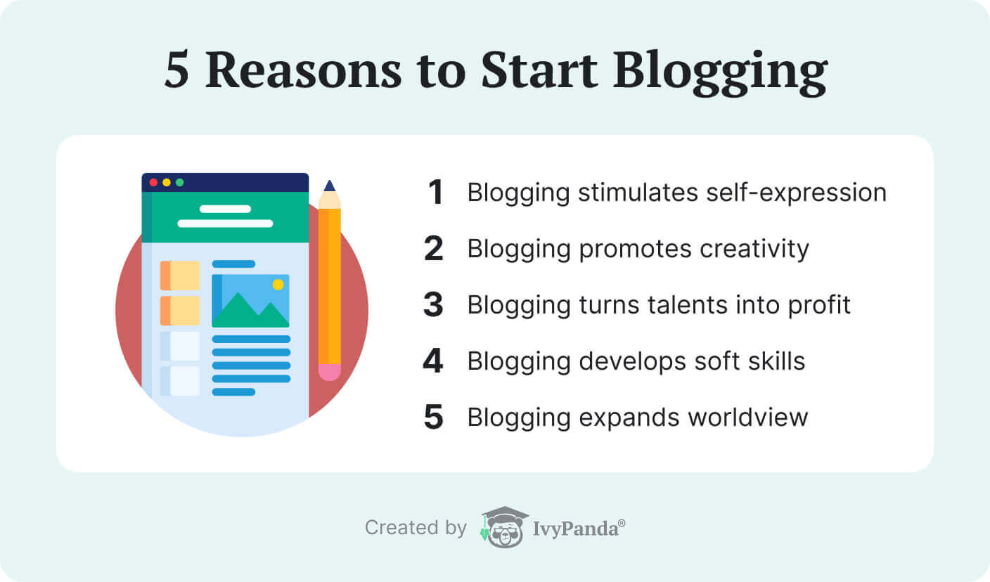 The picture contains 5 main reasons to start blogging.