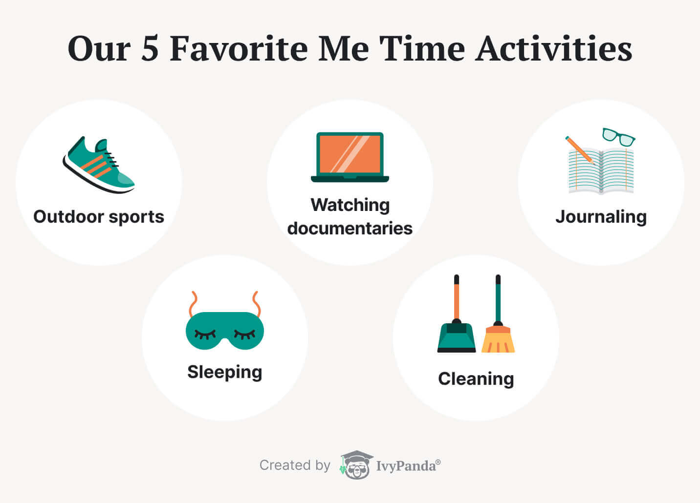 The picture presents examples of me time activities.