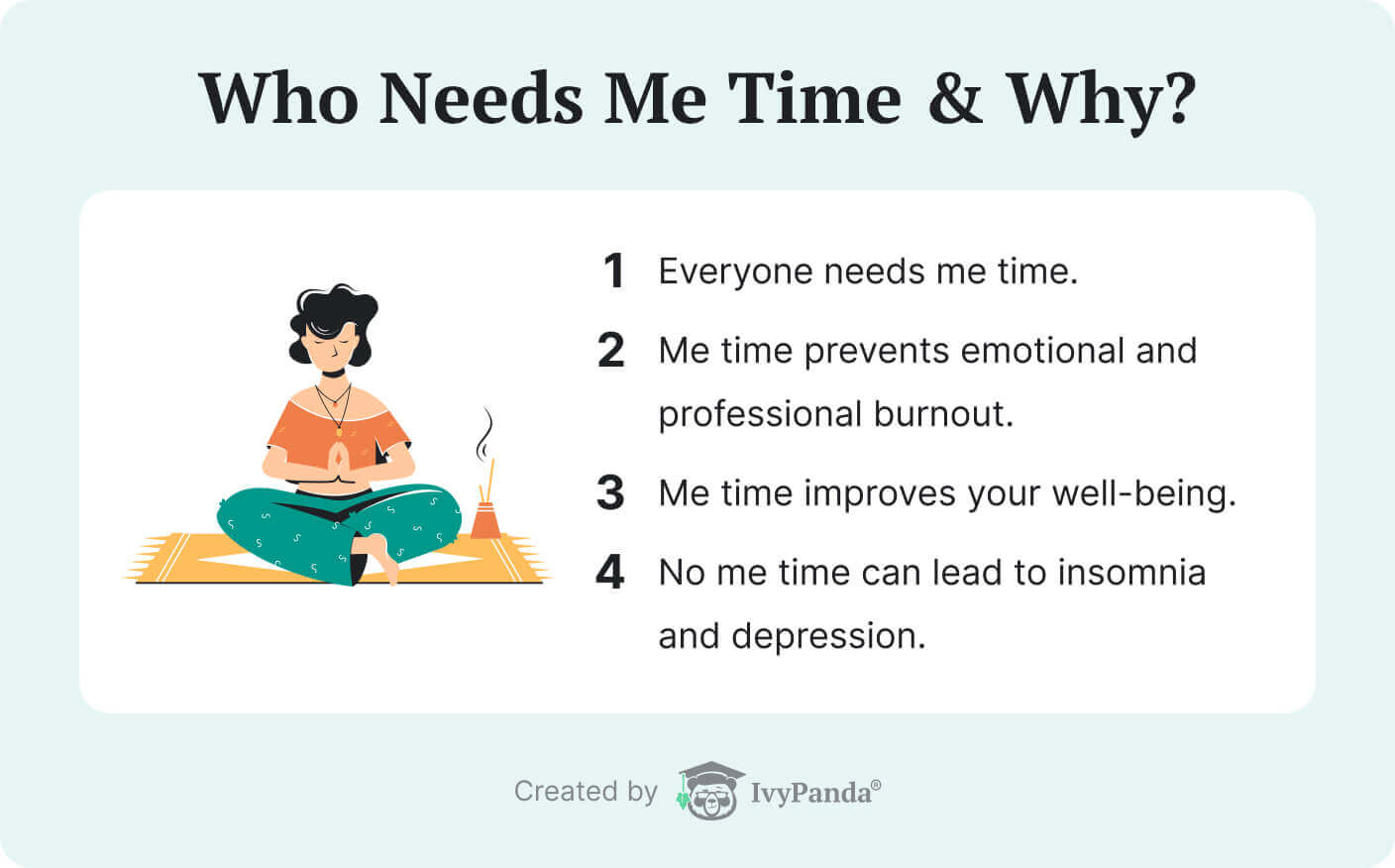 The picture explains why everyone needs me time (to prevent stress and burnout).