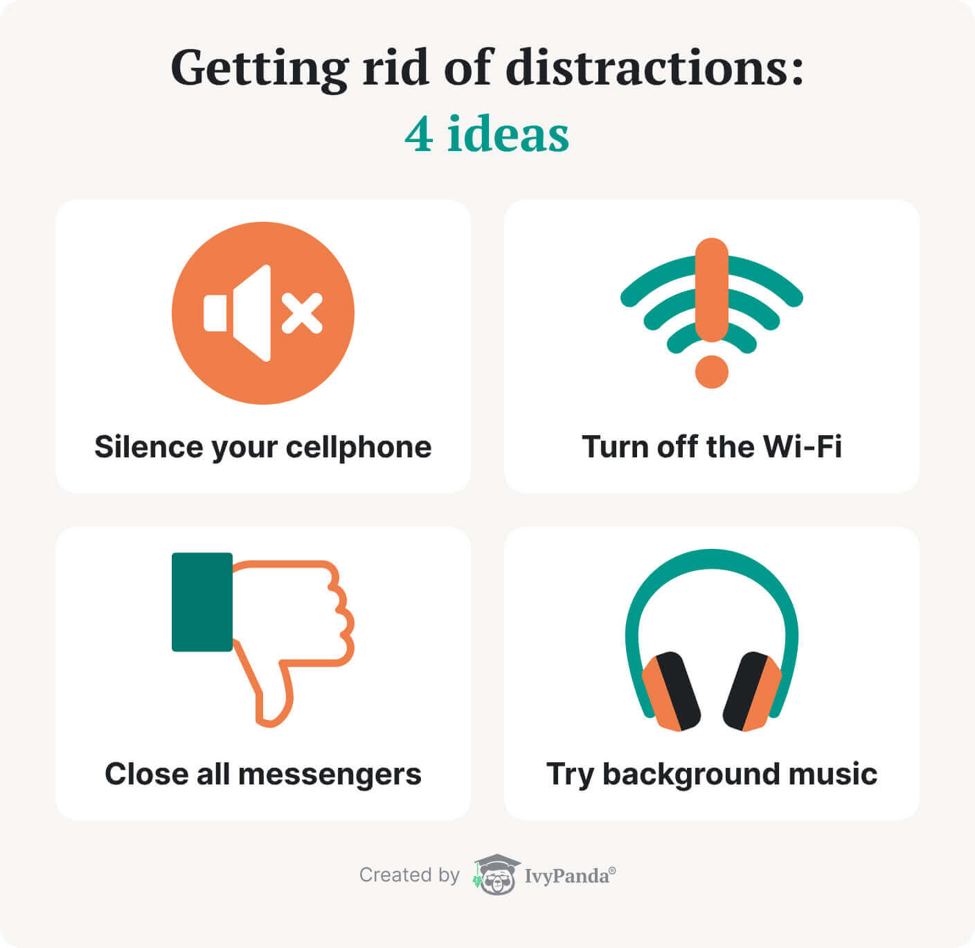 The picture contains 4 ideas on how to get rid of distractions while studying.