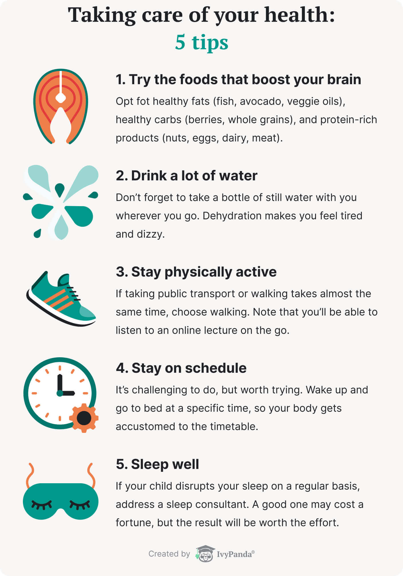 The picture contains 5 tips that will help you take care of your health.