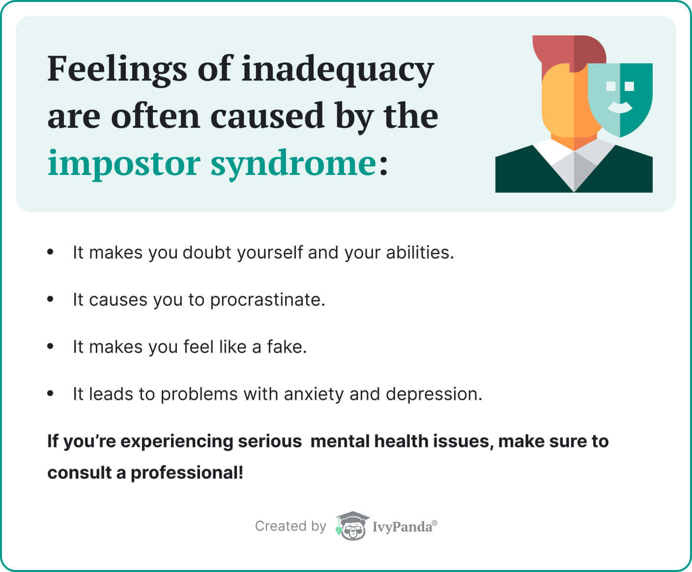 The picture enumerates the symptoms of the impostor syndrome.