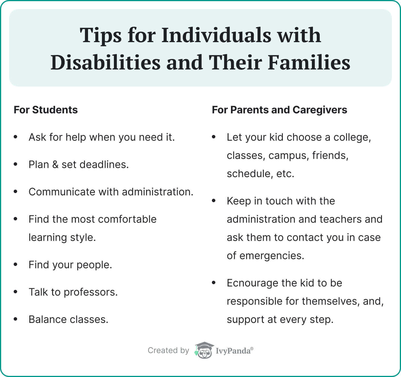 The picture provides essential tips for students with disabilities and their families.