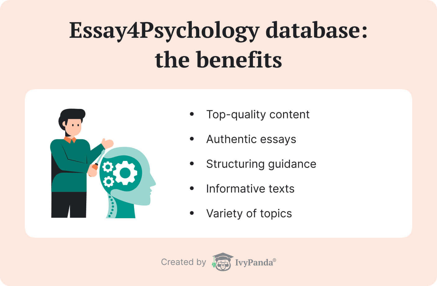 The picture lists the benefits of Essay4Psychology essay database.