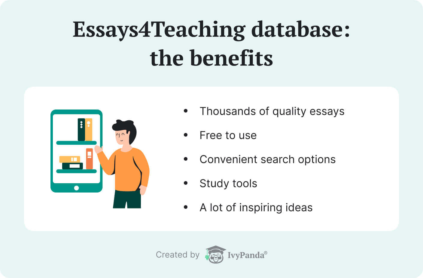 The picture lists the benefits of Essays4Teaching essay database.
