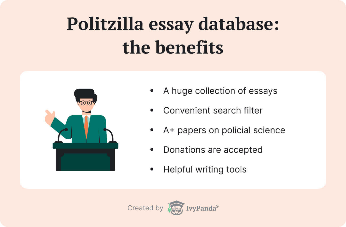 The picture lists the benefits of Politzilla essay database.