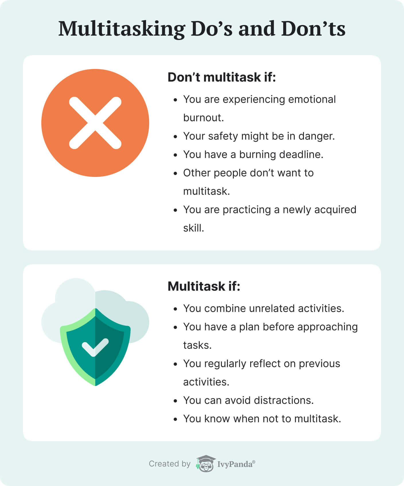 The picture shows do's and don'ts of multitasking.