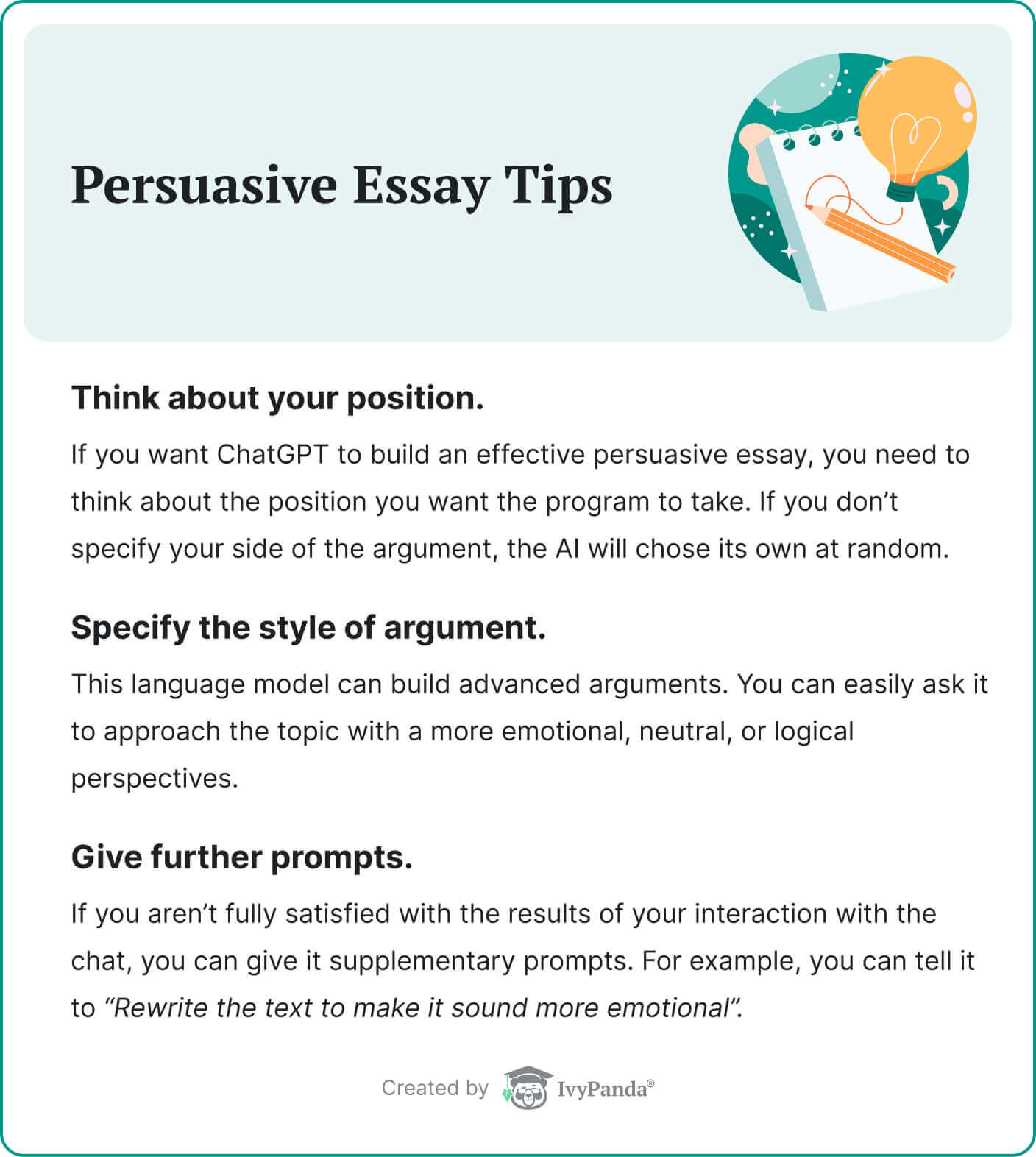 Tips for generating persuasive essays in ChatGPT.