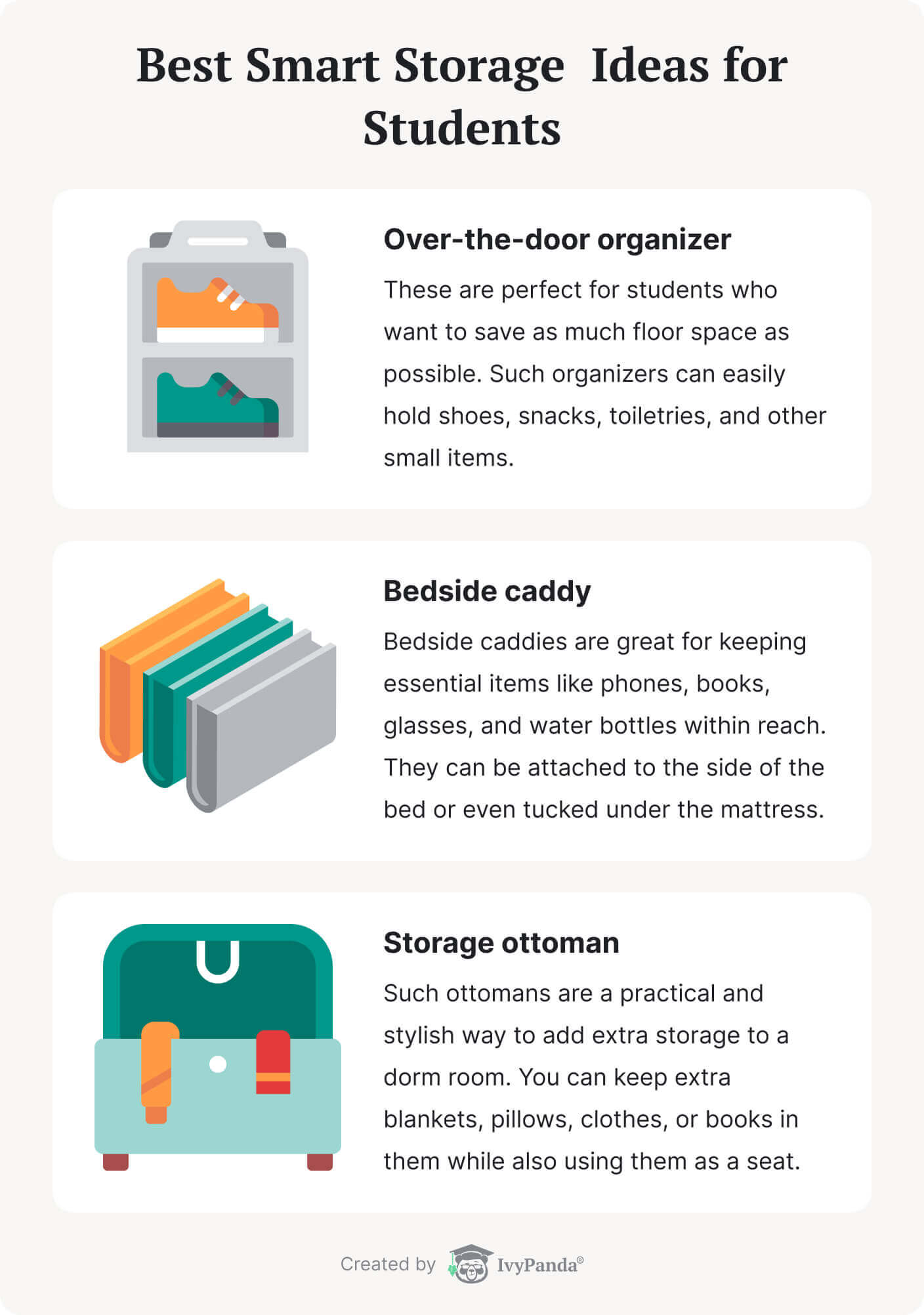 The picture enumerates some of the best smart storage ideas for students.