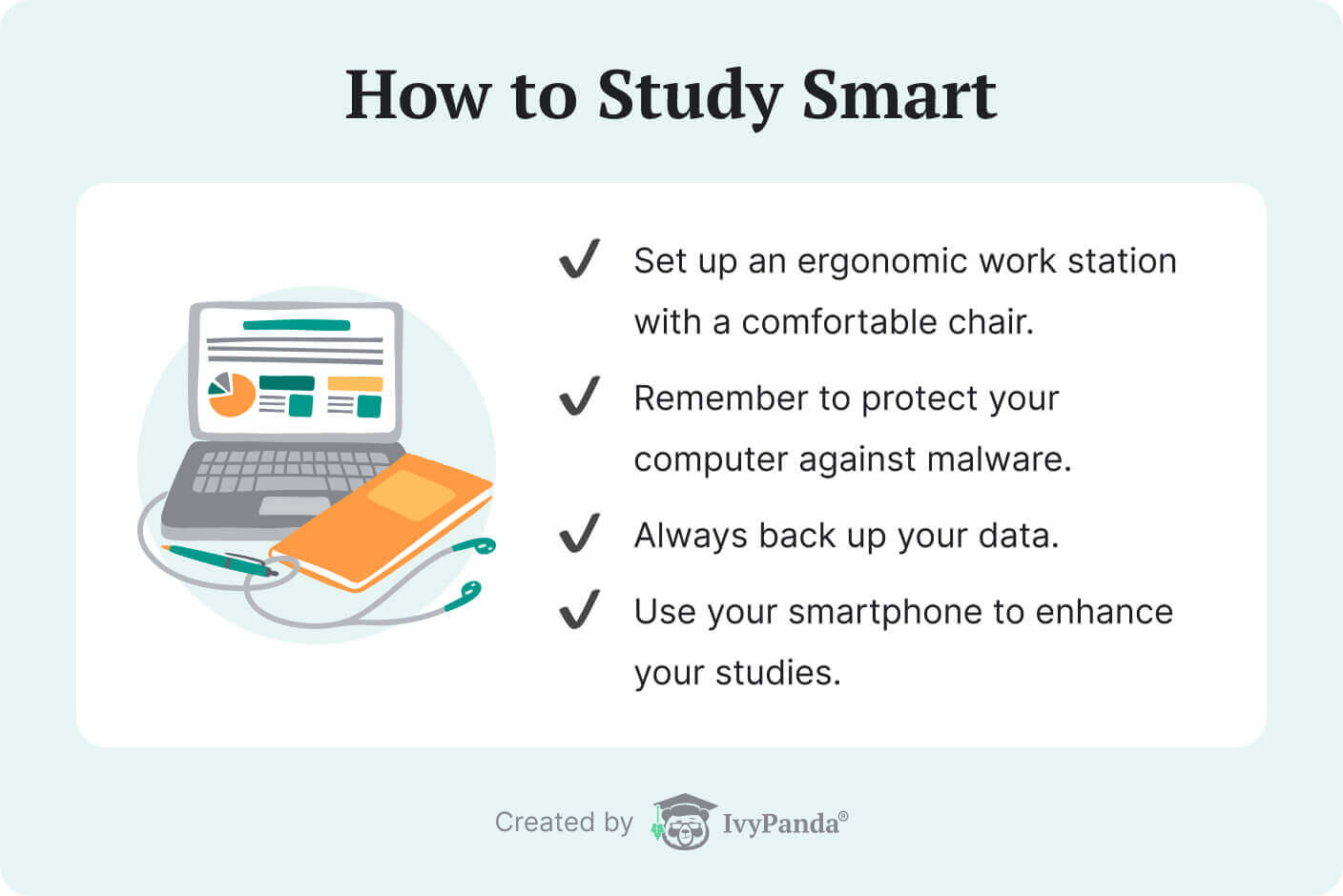 La imagen enumera consejos para estudiar de manera inteligente en la universidad.