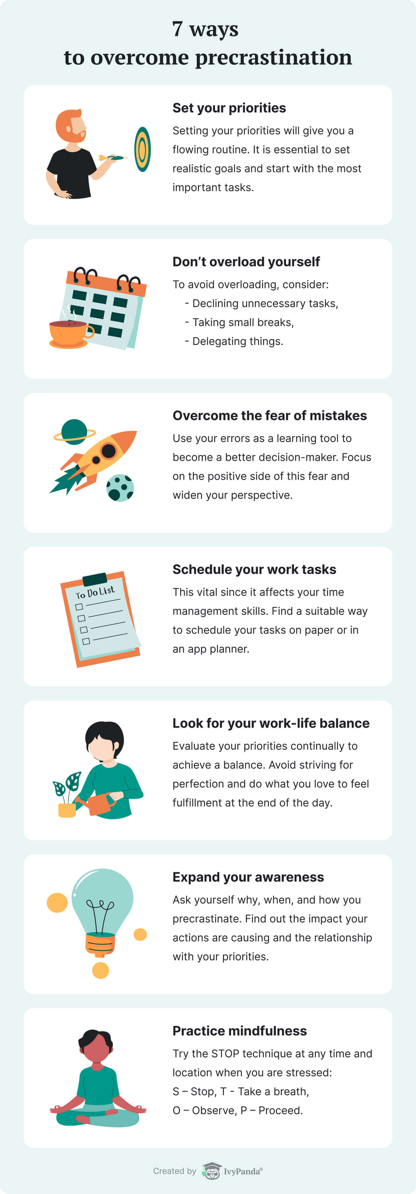 The infographic lists the tips that will help one overcome precrastination.