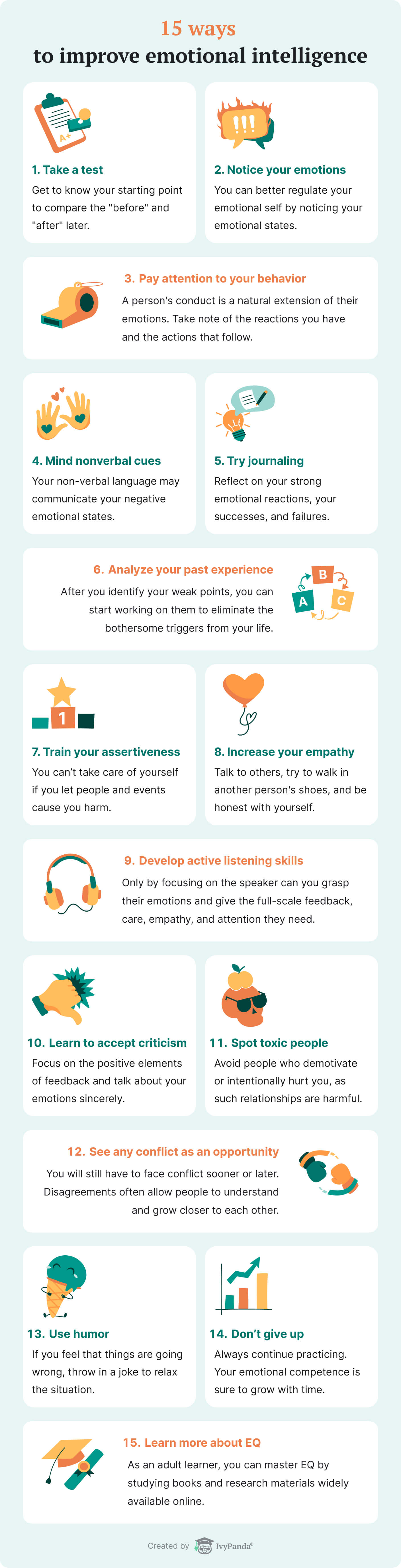 The infographic illustrates 15 ways to improve one's emotional intelligence.