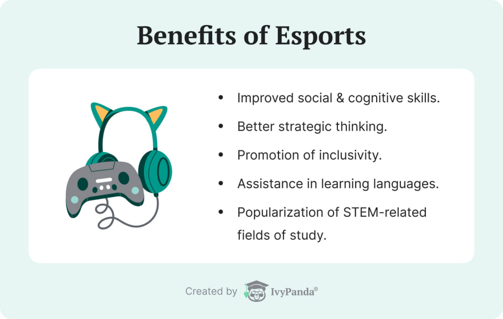 The picture enumerates the benefits of esports.
