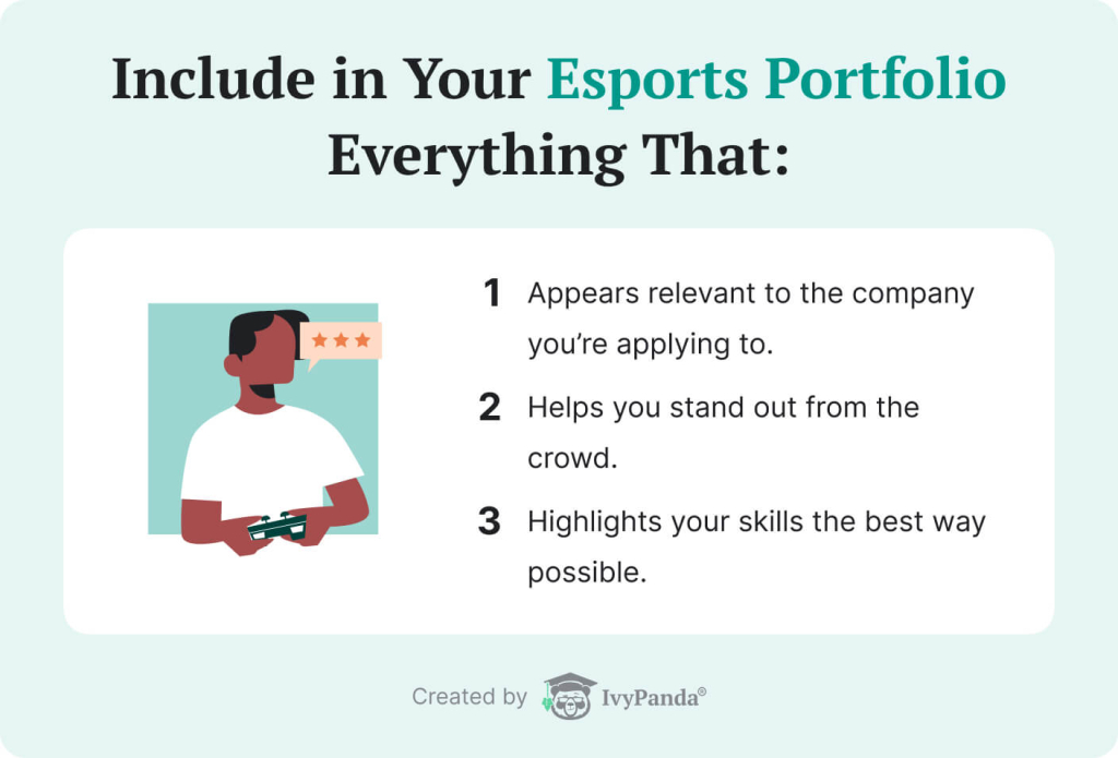 The picture enumerates what to include in an esports portfolio.