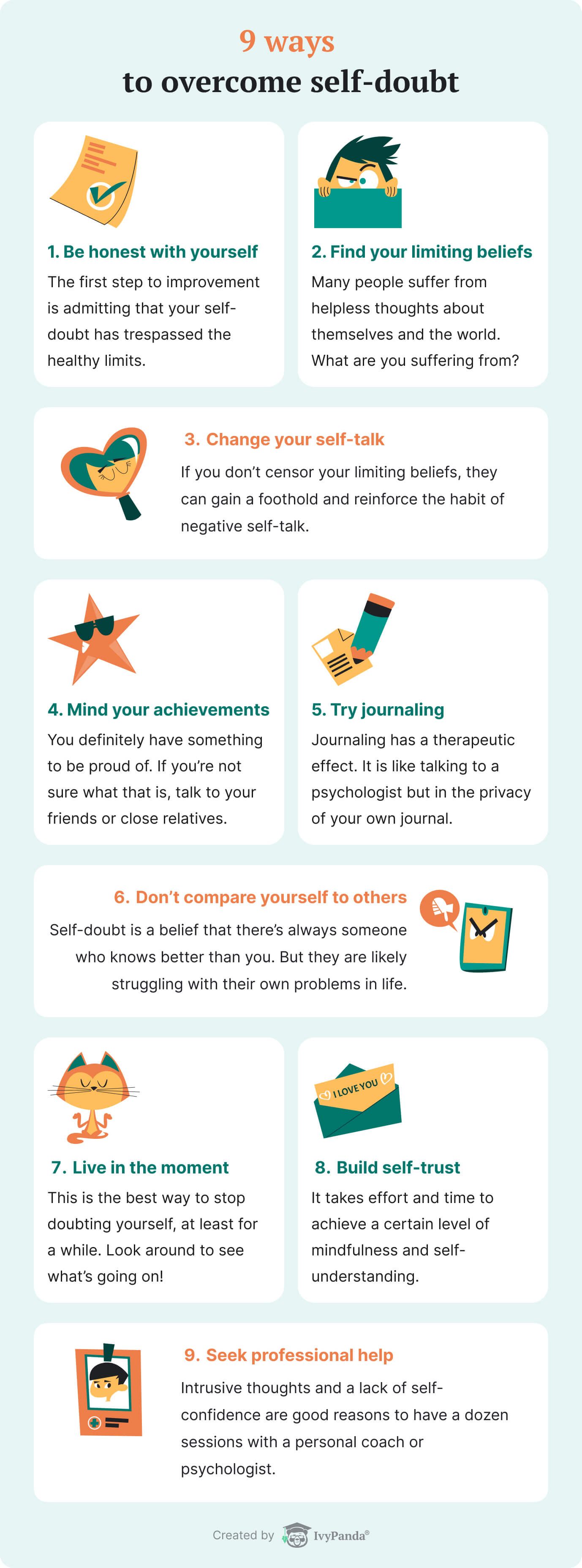 The picture lists 9 useful tips to overcome self-doubt.