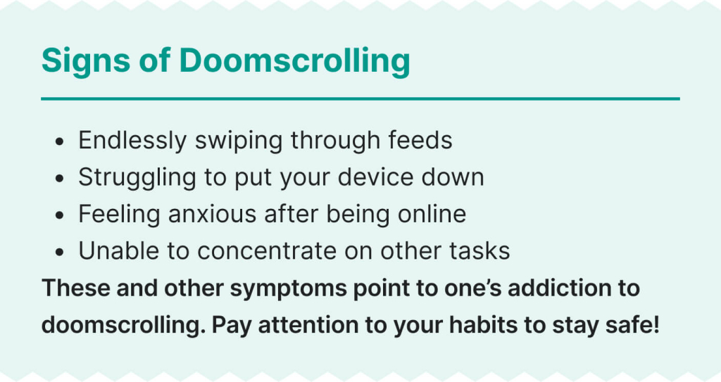 The picture lists some signs of the doomscrolling habit.