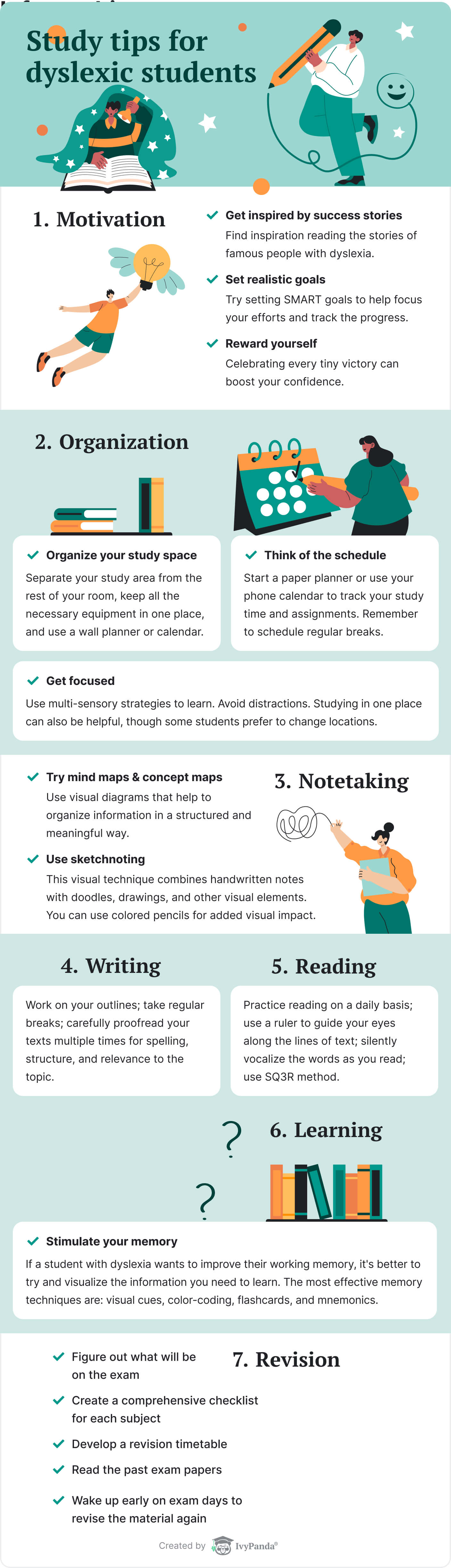The picture lists useful study tips for students with dyslexia.