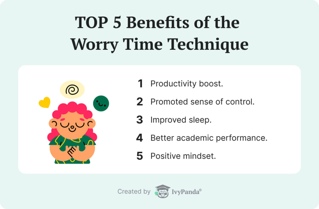 The picture lists 5 top benefits of practicing worry time.
