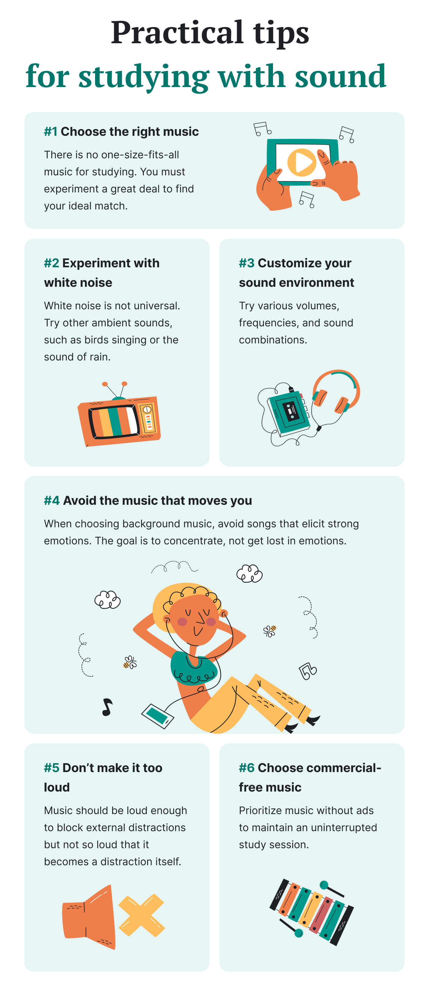 The infographic lists tips for studying with sound. 