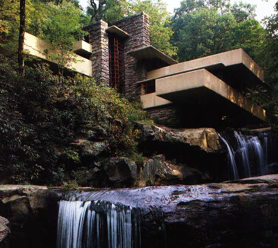 Japanese nature - waterfall and trees and buildings. Picture created by Frank Lloyd Wright.