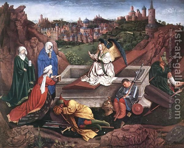 The painting by Hubert van Eyck The Three Marys at the Tomb, the figures depicted are wearing cloaks