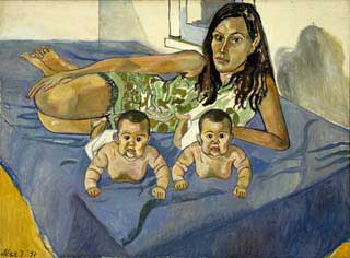 A young woman with two babies in bed.