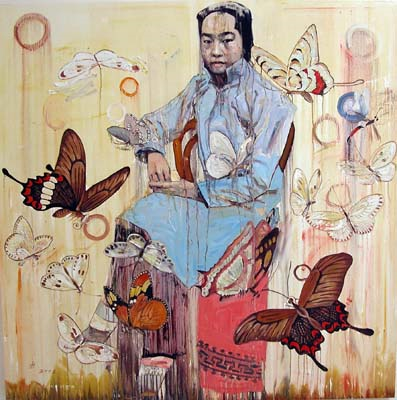 Japanese man and butterflies around.